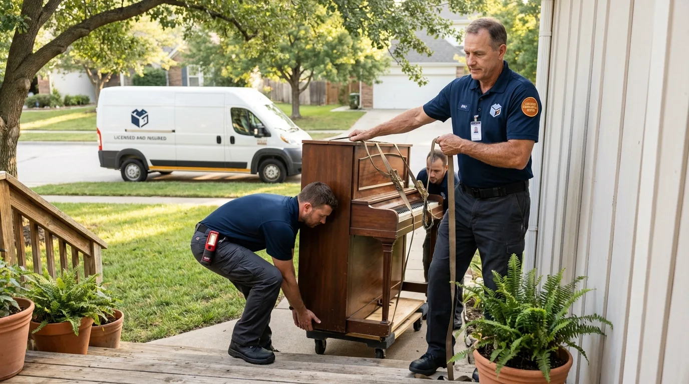 Licensed piano movers securing grand piano in Wisner, NE