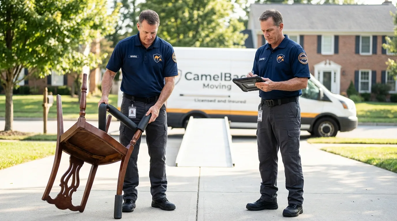 Movers inspecting furniture for damage prevention before loading in Wisner, NE